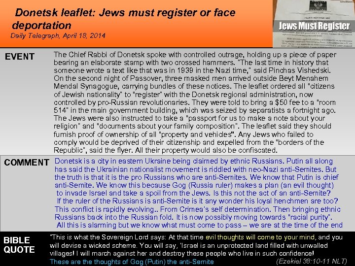 Donetsk leaflet: Jews must register or face deportation Daily Telegraph, April 18, 2014 EVENT