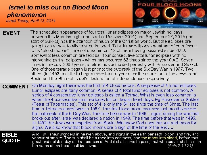 Israel to miss out on Blood Moon phenomenon Israel Today, April 13, 2014 EVENT