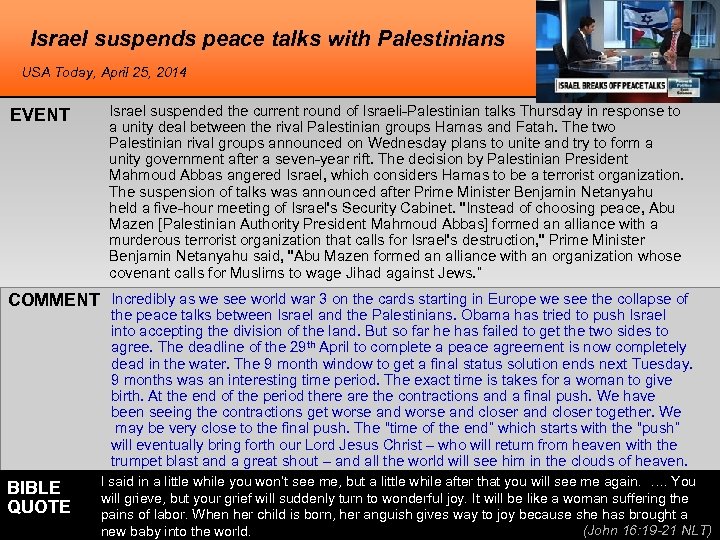 Israel suspends peace talks with Palestinians USA Today, April 25, 2014 EVENT Israel suspended