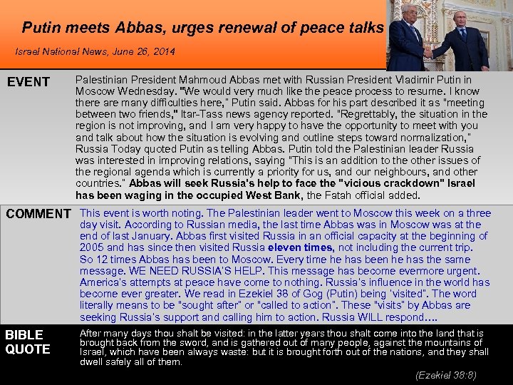 Putin meets Abbas, urges renewal of peace talks Israel National News, June 26, 2014