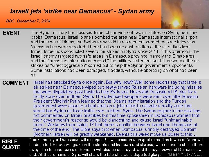 Israeli jets 'strike near Damascus' - Syrian army BBC, December 7, 2014 EVENT The