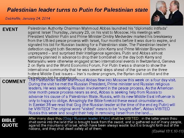 Palestinian leader turns to Putin for Palestinian state Debkafile, January 24, 2014 EVENT COMMENT