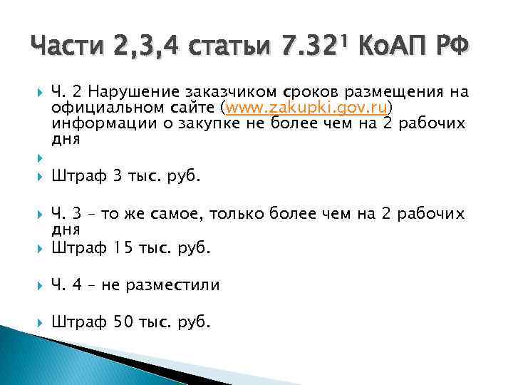 Части 2, 3, 4 статьи 7. 32¹ Ко. АП РФ Ч. 2 Нарушение заказчиком