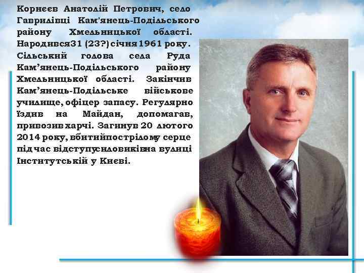 Корнєєв Анатолій Петрович, село Гаврилівці Кам'янець-Подільського району Хмельницької області. Народився 31 (23? ) січня