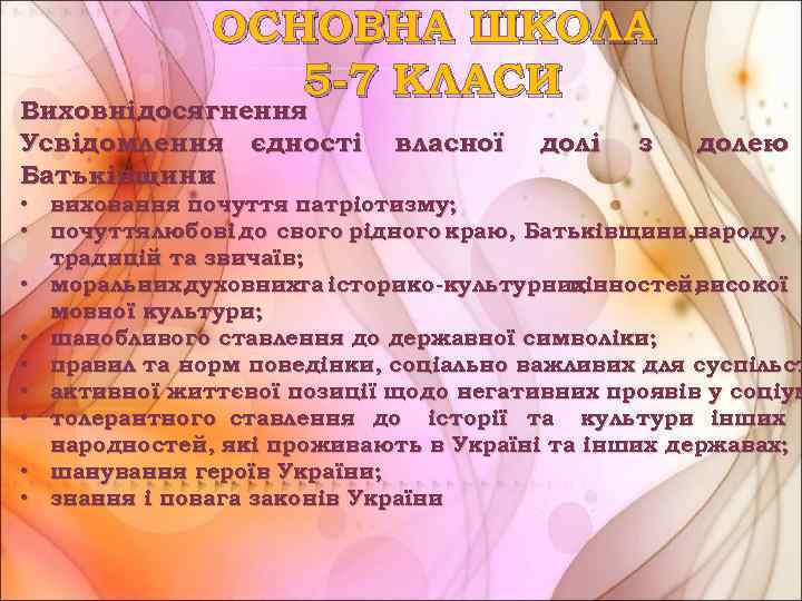 ОСНОВНА ШКОЛА 5 -7 КЛАСИ Виховні досягнення Усвідомлення єдності Батьківщини : власної долі з