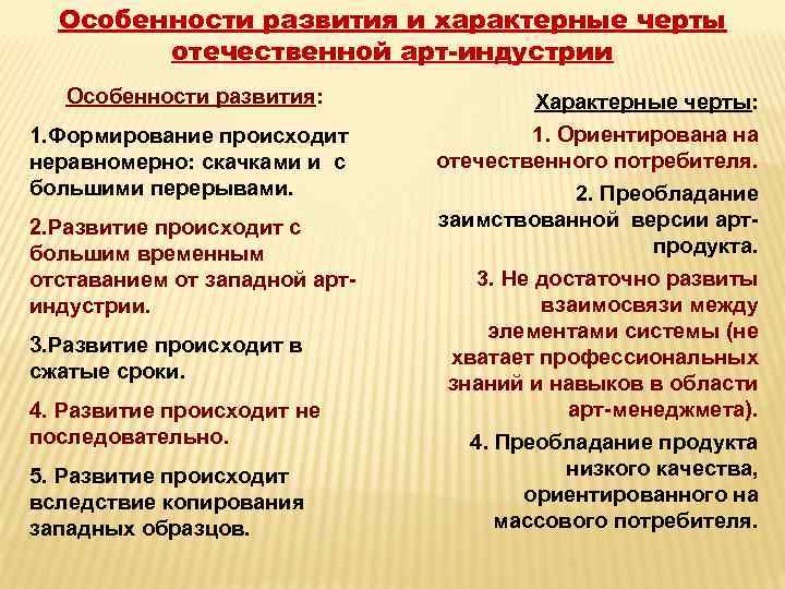 Особенности развития и характерные черты отечественной арт-индустрии Особенности развития: 1. Формирование происходит неравномерно: скачками