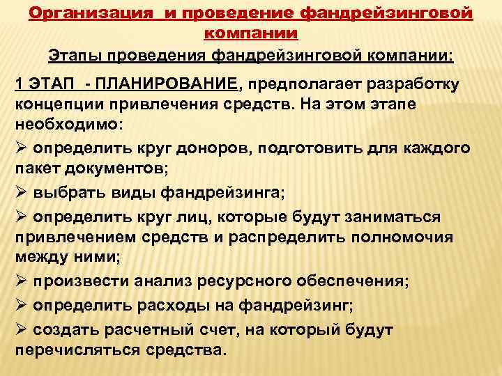 Организация и проведение фандрейзинговой компании Этапы проведения фандрейзинговой компании: 1 ЭТАП - ПЛАНИРОВАНИЕ, предполагает