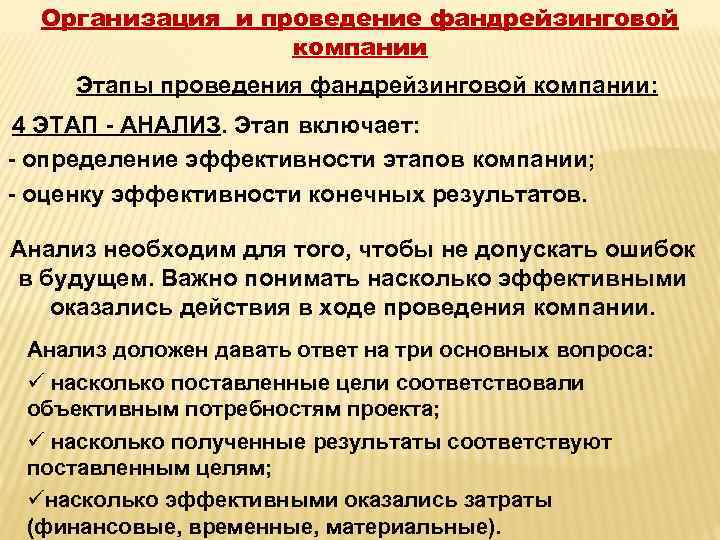 Организация и проведение фандрейзинговой компании Этапы проведения фандрейзинговой компании: 4 ЭТАП - АНАЛИЗ. Этап