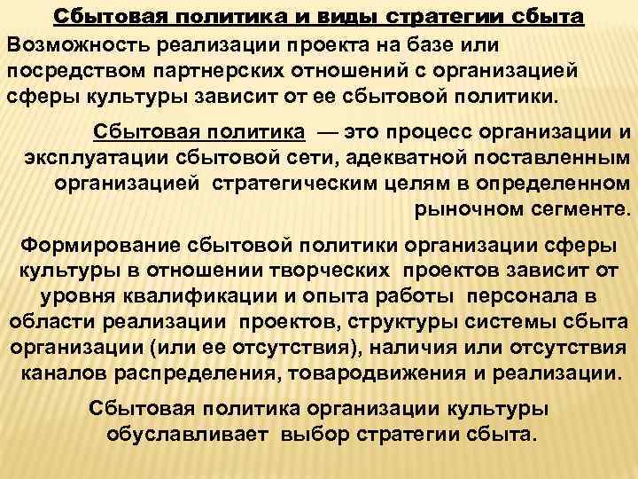 Сбытовая политика и виды стратегии сбыта Возможность реализации проекта на базе или посредством партнерских