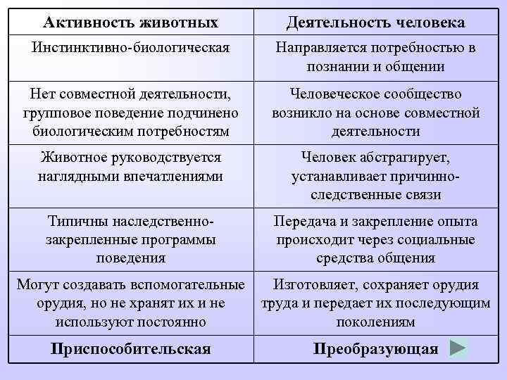 Активность животных Деятельность человека Инстинктивно-биологическая Направляется потребностью в познании и общении Нет совместной деятельности,