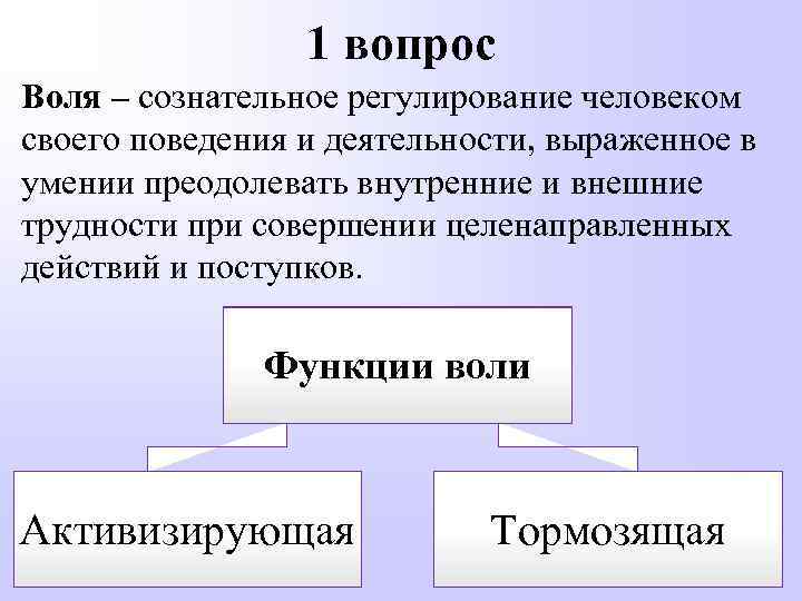 1 вопрос Воля – сознательное регулирование человеком своего поведения и деятельности, выраженное в умении