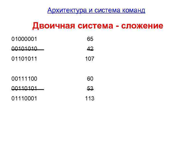 Архитектура и система команд Двоичная система - сложение 01000001 65 00101010 42 01101011 107