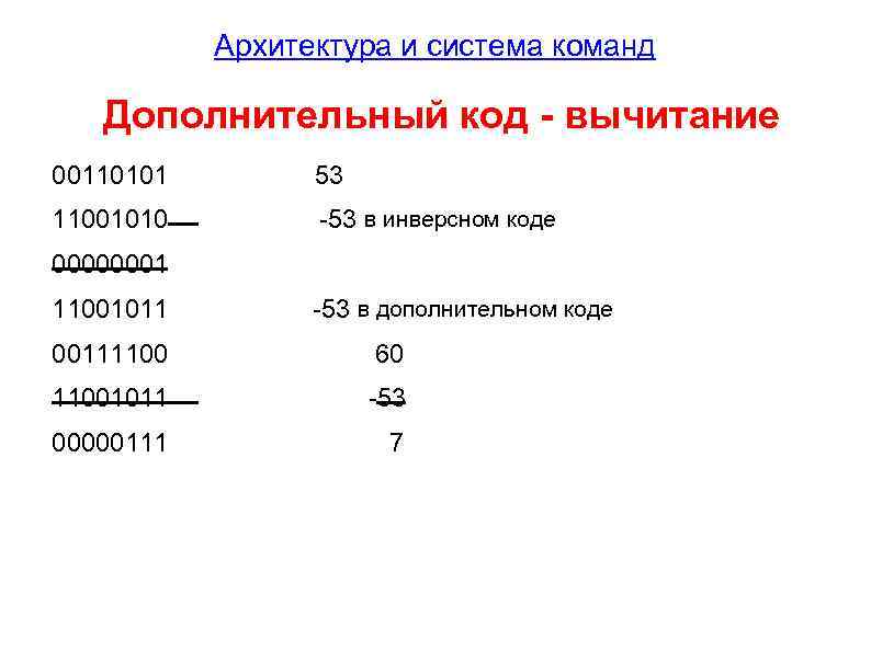 Архитектура и система команд Дополнительный код - вычитание 00110101 53 11001010 -53 в инверсном