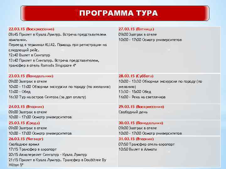 Программа экскурсии. План экскурсионного тура. Программы туров. Подробная программа тура.