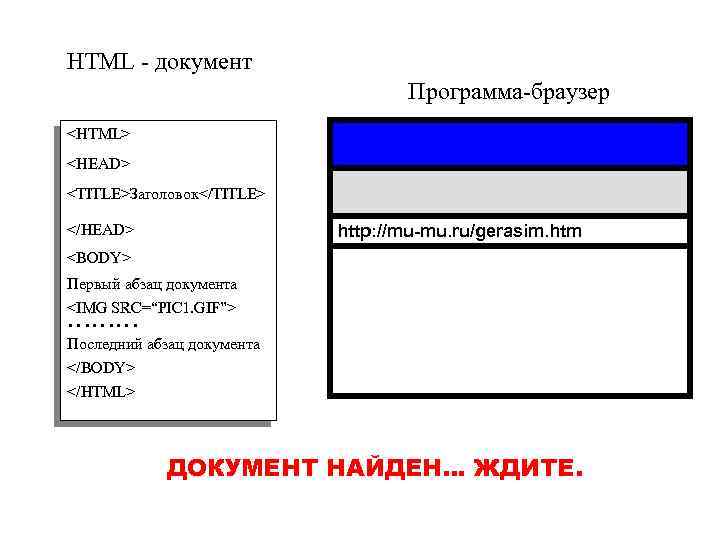 HTML - документ Программа-браузер <HTML> <HEAD> <TITLE>Заголовок</TITLE> </HEAD> http: //mu-mu. ru/gerasim. htm <BODY> Первый