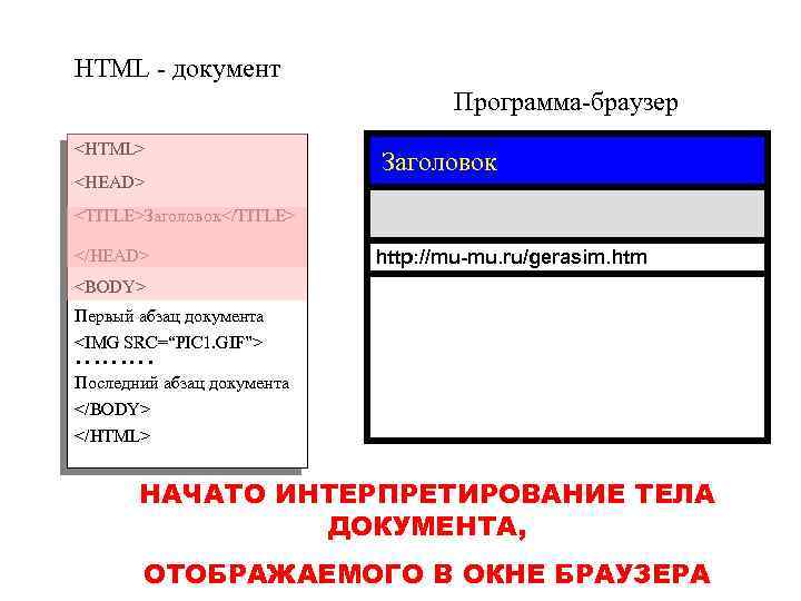 HTML - документ Программа-браузер <HTML> <HEAD> Заголовок <TITLE>Заголовок</TITLE> </HEAD> http: //mu-mu. ru/gerasim. htm <BODY>