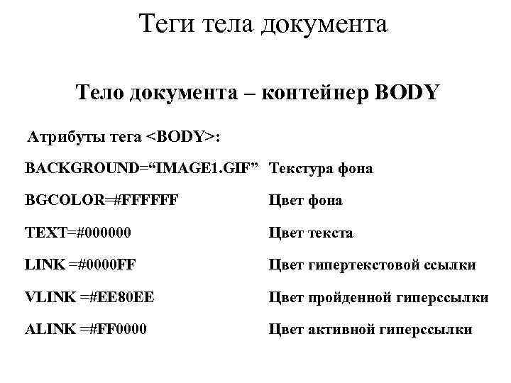 Теги тела документа Тело документа – контейнер ВОDY Атрибуты тега <BODY>: ВACKGROUND=“IMAGE 1. GIF”