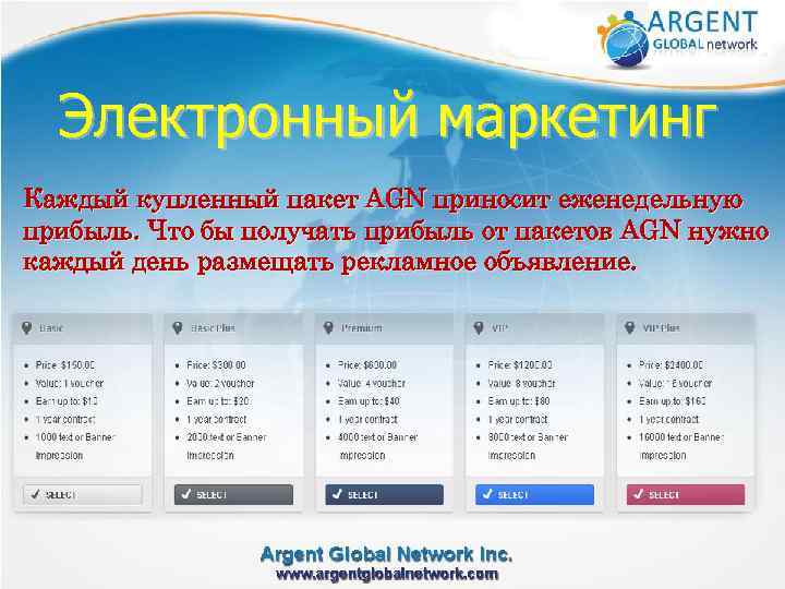 Электронный маркетинг Каждый купленный пакет AGN приносит еженедельную прибыль. Что бы получать прибыль от