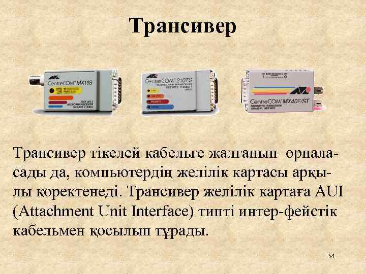 Трансивер тікелей кабельге жалғанып орналасады да, компьютердің желілік картасы арқылы қоректенеді. Трансивер желілік картаға