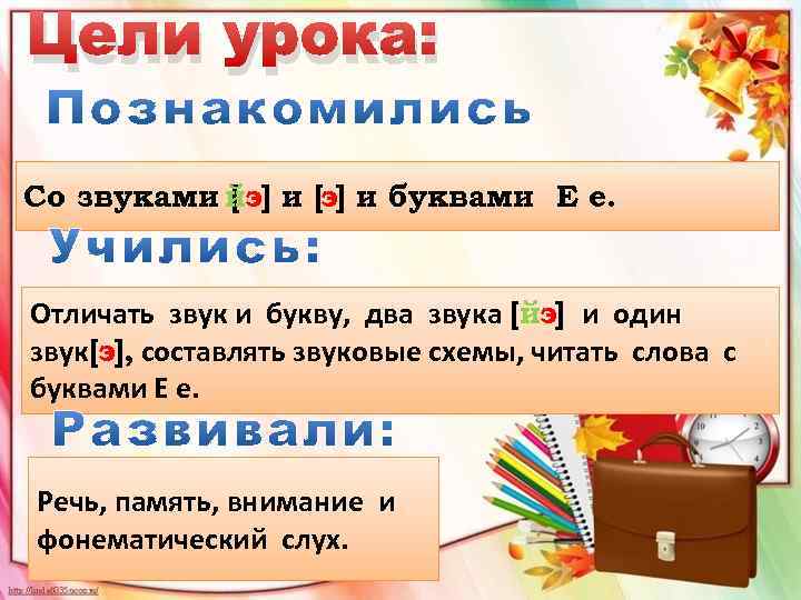 Цели урока: Со звуками йэ] и [э] и буквами Е е. [ Отличать звук