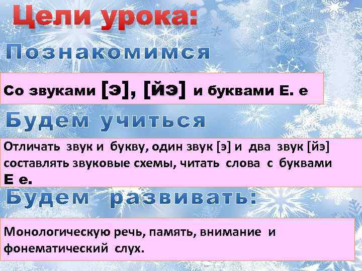 Цели урока: Со звуками [э], [йэ] йэ и буквами Е. е Отличать звук и