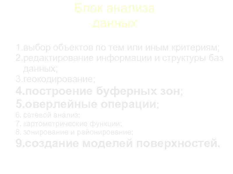 Блок анализа данных 1. выбор объектов по тем или иным критериям; 2. редактирование информации