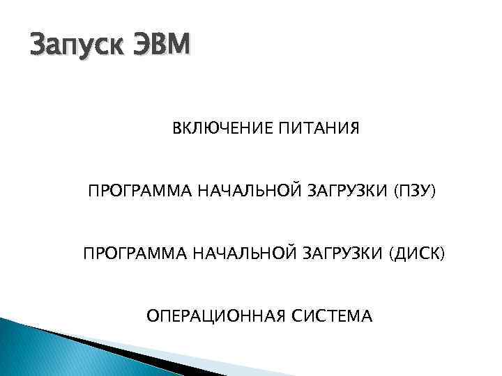 Запуск ЭВМ ВКЛЮЧЕНИЕ ПИТАНИЯ ПРОГРАММА НАЧАЛЬНОЙ ЗАГРУЗКИ (ПЗУ) ПРОГРАММА НАЧАЛЬНОЙ ЗАГРУЗКИ (ДИСК) ОПЕРАЦИОННАЯ СИСТЕМА