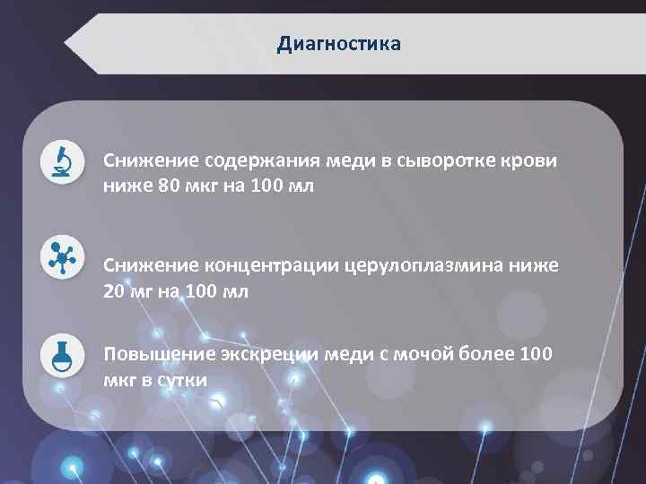 Диагностика Снижение содержания меди в сыворотке крови ниже 80 мкг на 100 мл Снижение