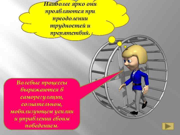 Наиболее ярко они проявляются при преодолении трудностей и препятствий. Волевые процессы выражаются в саморегуляции,