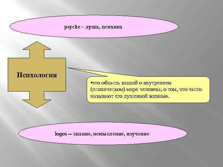 psyche – душа, психика Психология • это область знаний о внутреннем (психическом) мире человека,