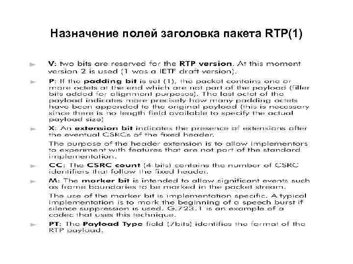 Назначение полей заголовка пакета RTP(1) 