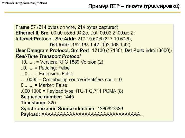 Учебный центр Алкатель, Москва Пример RTP – пакета (трассировка) 