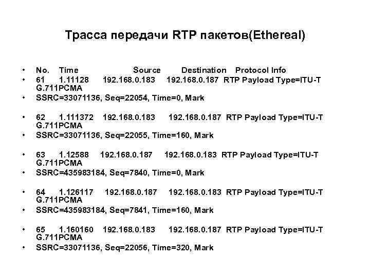 Трасса передачи RTP пакетов(Ethereal) • • • No. Time Source Destination Protocol Info 61