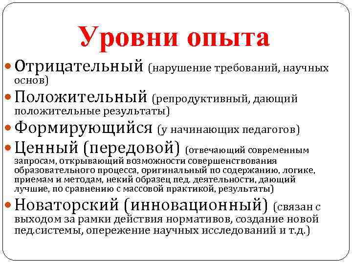 Уровни опыта Отрицательный (нарушение требований, научных основ) Положительный (репродуктивный, дающий положительные результаты) Формирующийся (у