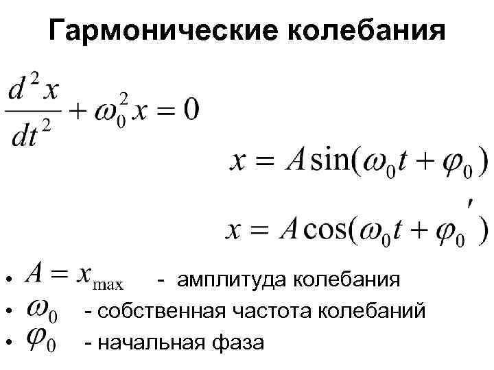 Гармонические колебания • • • - амплитуда колебания - собственная частота колебаний - начальная