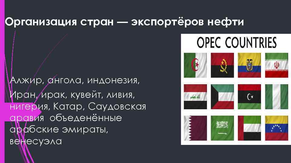 Организация стран — экспортёров нефти Алжир, ангола, индонезия, Иран, ирак, кувейт, ливия, нигерия, Катар,