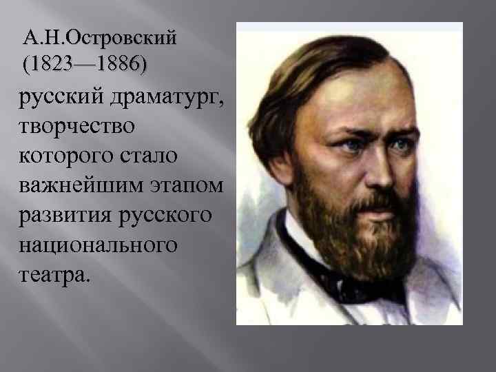 А. Н. Островский (1823— 1886) русский драматург, творчество которого стало важнейшим этапом развития русского