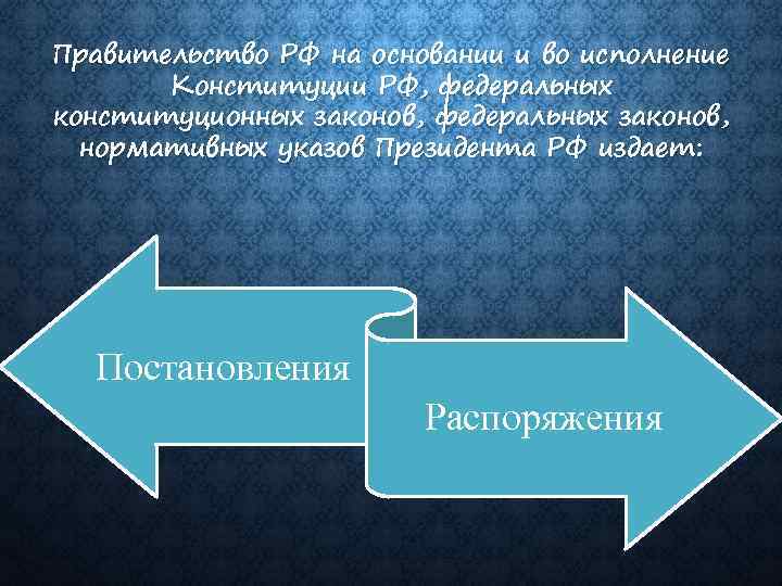 Правительство РФ на основании и во исполнение Конституции РФ, федеральных конституционных законов, федеральных законов,
