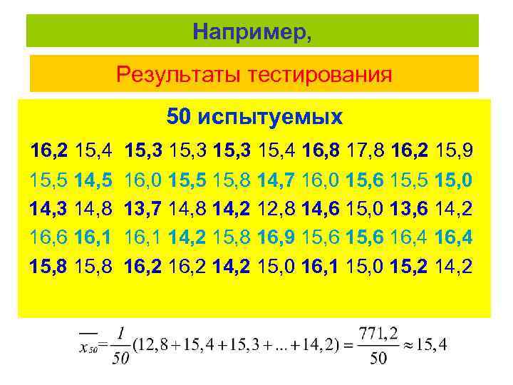 Например, Результаты тестирования 50 испытуемых 16, 2 15, 4 15, 5 14, 3 14,