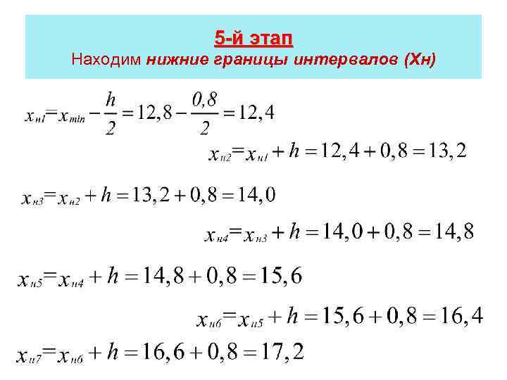 5 -й этап Находим нижние границы интервалов (Xн) 