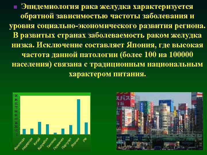 Эпидемиология рака желудка характеризуется обратной зависимостью частоты заболевания и уровня социально-экономического развития региона. В