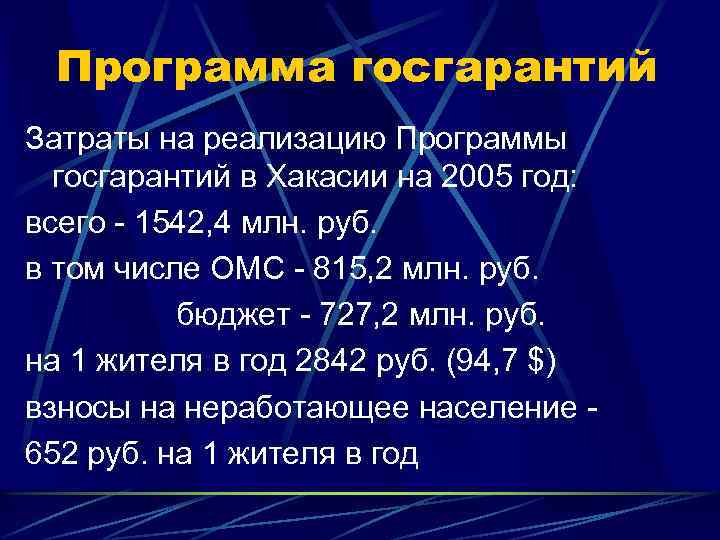 Программа госгарантий Затраты на реализацию Программы госгарантий в Хакасии на 2005 год: всего -