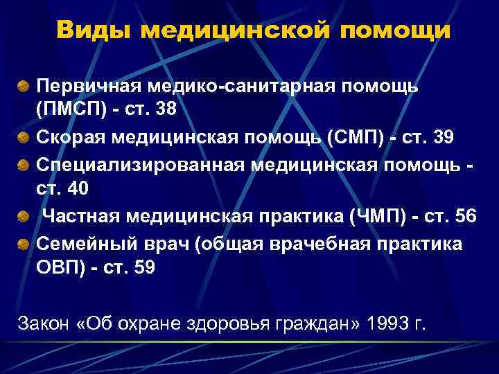 Виды медицинской помощи Первичная медико-санитарная помощь (ПМСП) - ст. 38 Скорая медицинская помощь (СМП)