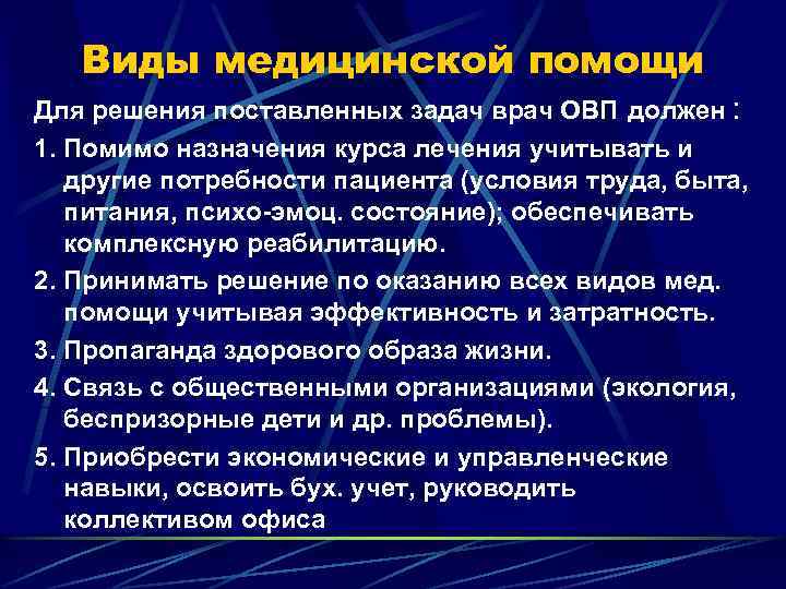 Виды медицинской помощи Для решения поставленных задач врач ОВП должен : 1. Помимо назначения