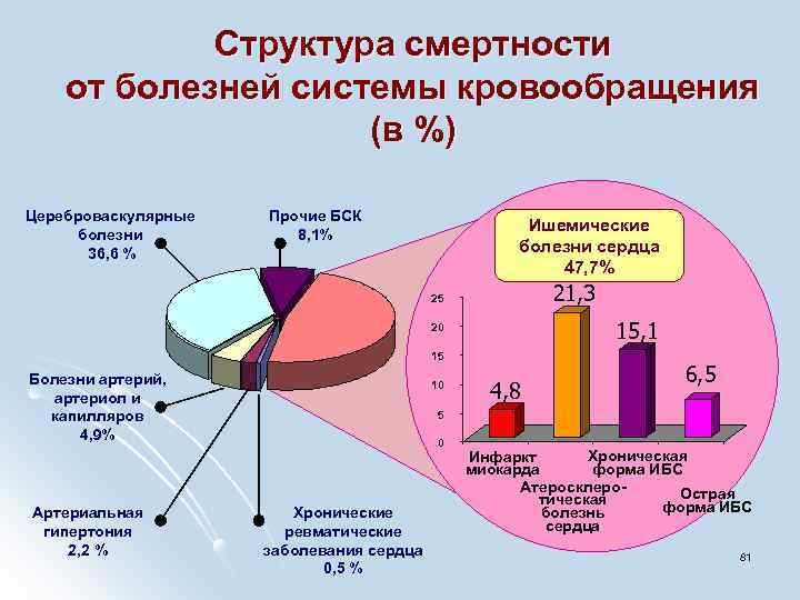 Структура смертности от болезней системы кровообращения (в %) Цереброваскулярные болезни 36, 6 % Прочие