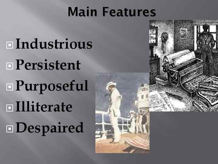 Main Features Industrious Persistent Purposeful Illiterate Despaired 