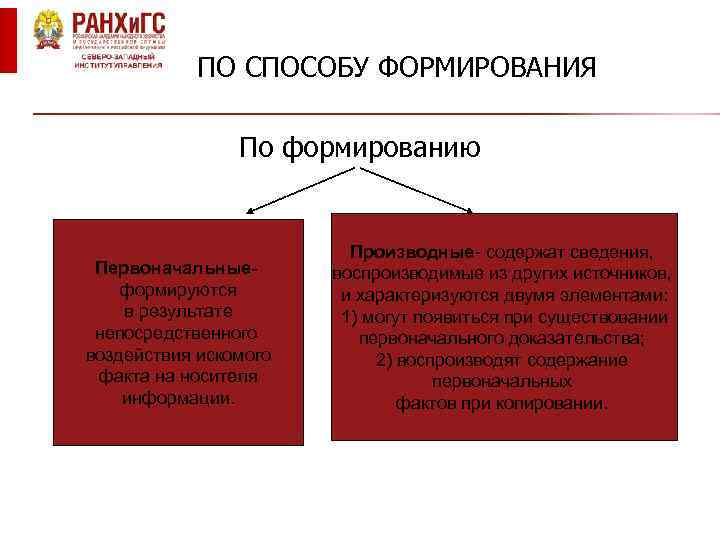 ПО СПОСОБУ ФОРМИРОВАНИЯ По формированию Первоначальныеформируются в результате непосредственного воздействия искомого факта на носителя