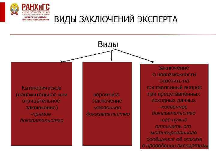 ВИДЫ ЗАКЛЮЧЕНИЙ ЭКСПЕРТА Виды Категорическое (положительное или отрицательное заключение) -прямое доказательство вероятное заключение -косвенное