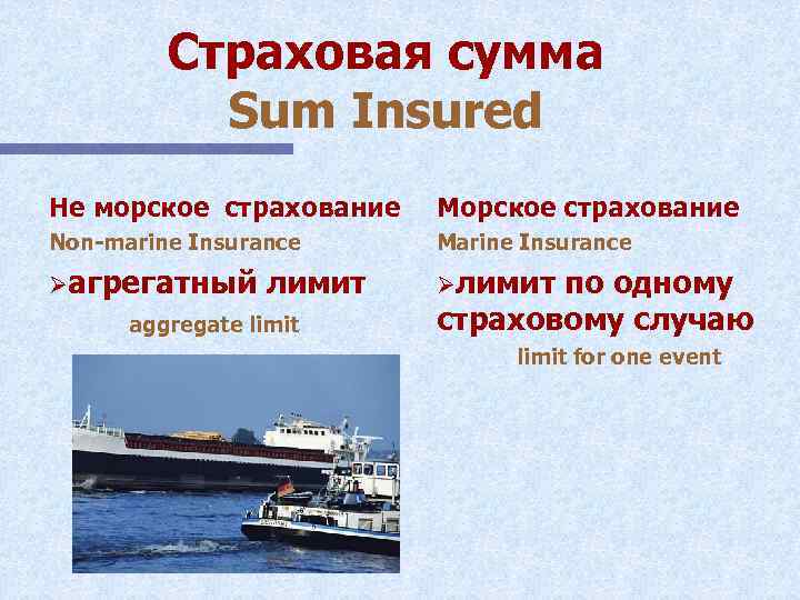 Страховая сумма Sum Insured Не морское страхование Морское страхование Non-marine Insurance Marine Insurance Øагрегатный