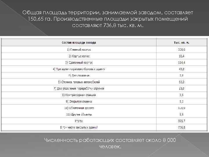 Общая площадь территории, занимаемой заводом, составляет 150, 65 га. Производственные площади закрытых помещений составляют